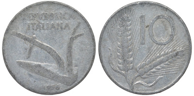 Италия 10 лир 1956 R, плуг, колосья KM 93 алюминий 4128-1236