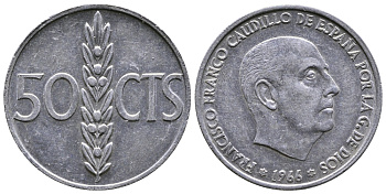 ИСПАНИЯ 50 СЕНТИМО 1966 (67) ФРАНСИСКО ФРАНКО ДИКТАТОР ИСПАНИИ (1939-1975) KM 795 алюминий 26-939