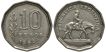 Аргентина 10 песо 1964 Гаучо KM 60 никелированная сталь 4182-515