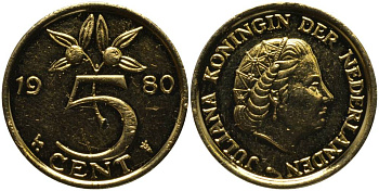 Нидерланды 5 центов 1980 Юлиана (1948-1980), ПОЗОЛОТА KM 181 бронза 181-713