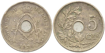 БЕЛЬГИЯ 5 САНТИМОВ 1926 BELGIQUE KM 66 медно-никель 3309-1265