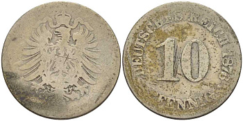 Германия 10 пфеннигов 1876 старогербовка KM 4, Jager 4, Weege 7 медно-никель 212-727