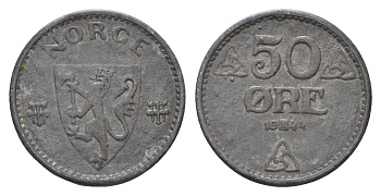 Норвегия 50 эре 1944 Хокон VII (1905-1957), редкий год KM 390 цинк 4659-913
