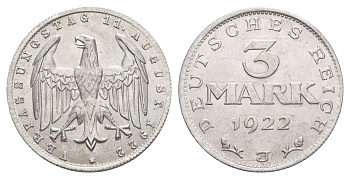 Германия 3 марки 1922 J, 3-я годовщина Веймарской конституции KM 29, J. 303 алюминий aUNC 4637-211