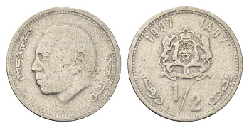 Марокко 1/2 дирхама 1987 год-тип Y 87 медно-никель 4702-824
