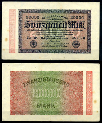 Германия 20000 марок 1923 20 февраля 1923, в/з кружки, номер шестизначный Pick 85, Розенберг 84b  бумага  XF  8617-38-1-1