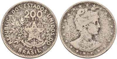 Бразилия 200 рейс 1901 голова свободы вправо KM 504 медно-никель 4589-1034