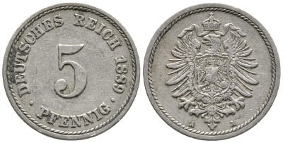 ГЕРМАНИЯ 5 ПФЕННИГОВ 1889 A, СТАРОГЕРБОВКА KM 3, J. 3 медно-никель 39-428