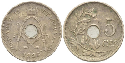 БЕЛЬГИЯ 5 САНТИМОВ 1926 BELGIQUE KM 66 медно-никель 3309-1265