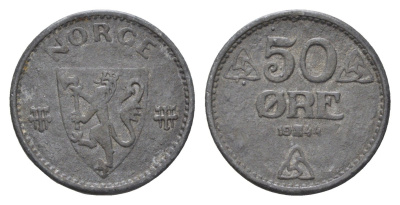 Норвегия 50 эре 1944 Хокон VII (1905-1957), редкий год KM 390 цинк 4659-913
