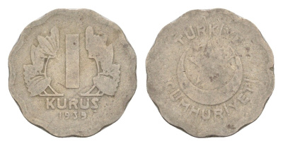 Турция 1 куруш 1939 KM 867 медно-никель 4647-459