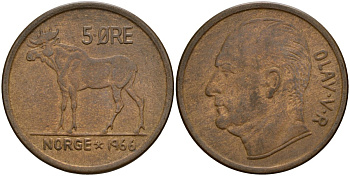 Норвегия 5 эре 1966 KM 405 бронза 4159-653