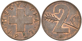 Швейцария 2 раппена 1957 В KM 47 бронза 4591-1154