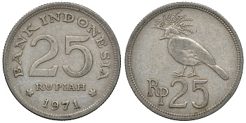 Индонезия 25 рупий 1971 венценосный голубь KM 34 медно-никель 4118-157