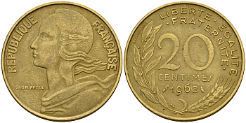 Франция 20 сантимов 1968 тип Marianne KM 930, LE FRANC 156.8 медь алюминий никель    4187-341