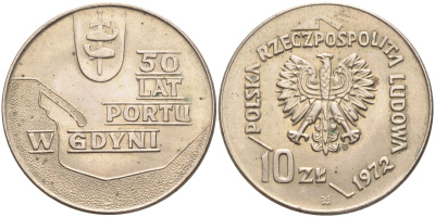 Польша 10 злотых 1972 MW, 50 лет морскому порту в Гдыне KM 65 медно-никель 4565-935