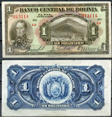 Боливия 1 боливиано 1928 серия L5, Симон Боливар, Потоси Pick 118 a (5-1)  бумага  aUNC 7217-68-1-1