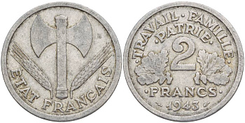 Франция 2 франка 1943 правительство Виши KM 904.1, LE FRANC 270.2 алюминий 4545-915
