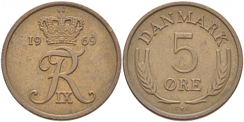 ДАНИЯ 5 ЭРЕ 1969 C; S, ФРЕДЕРИК IX (1947-1972) KM 848.1 бронза 4402-1227