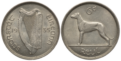 ИРЛАНДИЯ 6 ПЕНСОВ 1935 ИРЛАНДСКИЙ ВОЛКОДАВ, РЕДКОЕ СОСТОЯНИЕ KM 5 медно-никель 1525-844