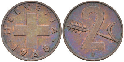 Швейцария 2 раппена 1968 В KM 47 бронза 4582-831