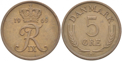 ДАНИЯ 5 ЭРЕ 1969 C; S, ФРЕДЕРИК IX (1947-1972) KM 848.1 бронза 4402-1227