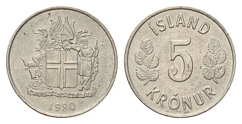 Исландия 5 крон 1980 KM 18 медно-никель UNC 4687-917