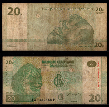 ДР Конго 20 франков 2003 Pick 94 бумага 8602-23-2-1