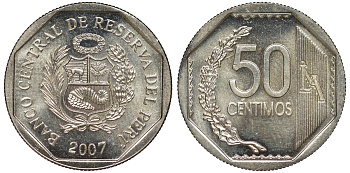 Перу 50 сентимо 2007 KM 307.4 медно-никель aUNC 4605-315