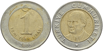 ТУРЦИЯ 1 ЛИРА 2005 KM 1169 биметалл 4397-237