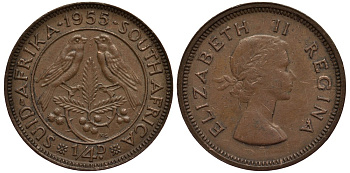 ЮАР 1/4 ПЕННИ (ФАРТИНГ) 1955 ЕЛИЗАВЕТА II (1952-), ПТИЧКИ НА ВЕТКЕ KM 44 бронза 4539-227