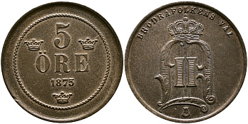 Швеция 5 эре 1875/4 Оскар II (1872-1907) король Швеции и Норвегии 5 перерезана из 4, редкая, состояние! KM 736 бронза 00-807-23