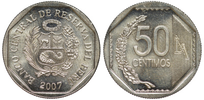 Перу 50 сентимо 2007 KM 307.4 медно-никель aUNC 4605-315
