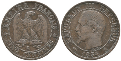 ФРАНЦИЯ 5 САНТИМОВ 1854 K, НАПОЛЕОН III (1852-1870) KM 777.5, LE FRANC 116.13 бронза 34-427