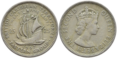 Британские Восточно-Карибские территории 25 центов 1957 Елизавета II (1952-2022), парусник KM 6 медно-никель 76-1032