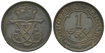 Дания 1 эре 1907 VBP, Фредерик VIII (1906-1912) KM 804 бронза 4147-263