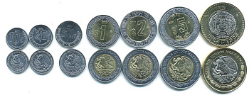 Мексика лот из 7 монет 2010-2011 10, 20, 50 сентаво, 1, 2, 5, 10 песо, 4 монеты биметалл UNC N2-11