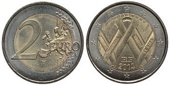 ФРАНЦИЯ 2 ЕВРО 2014 ПЕРВОЕ ДЕКАБРЯ, ВСЕМИРНЫЙ ДЕНЬ БОРЬБЫ СО СПИДОМ KM NEW биметалл 4380-353