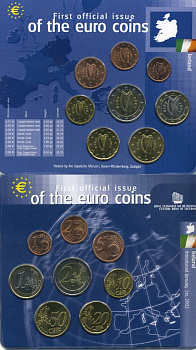 Ирландия евронабор из 8 монет 2002 в пластиковой запайке KM 32, 33, 34, 35, 36, 37, 38, 39 биметалл UNC 7-3-1-05