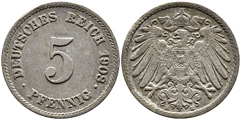 Германия 5 пфеннигов 1908 E KM 11, Jager 12, Weege 6 медно-никель 4387-737