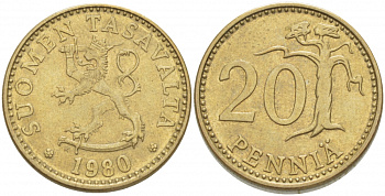 ФИНЛЯНДИЯ 20 ПЕННИ 1980 K KM 47 алюминиевая бронза 3718-646