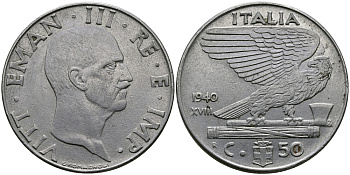 ИТАЛИЯ 50 ЧЕНТЕЗИМО 1940 R, ВИКТОР ИМАНУИЛ, XVIII ГОД KM 76b нержавеющая сталь 98-141