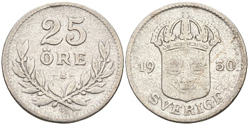 Швеция 25 эре 1930 G, Густав V (1907-1950) KM 785 серебро 4147-938