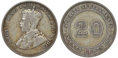 Стрейтс-Сетлментс 20 центов 1927 Георг V (1910-1936) КМ 30b серебро 53-756