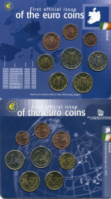 Ирландия евронабор из 8 монет 2002 в пластиковой запайке KM 32, 33, 34, 35, 36, 37, 38, 39 биметалл UNC 7-3-1-05