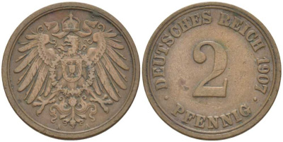 ГЕРМАНИЯ 2 ПФЕННИГА 1907 A KM 16, J. 11, Weege 4 медь 211-516