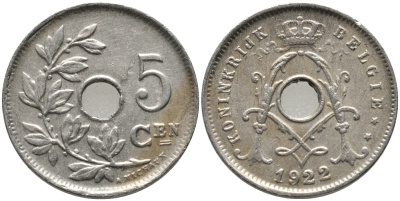 БЕЛЬГИЯ 5 САНТИМОВ 1922 BELGIE KM 67 медно-никель 72-1658