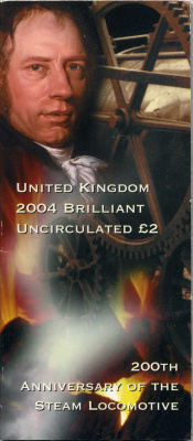 Великобритания 2 фунта 2004 Елизавета II (1952-2022), 200 лет первому паровозу Ричарда Тревесика, в оригинальном картонном буклете KM 1049, Spink 4578 (K17) биметалл BUNC 00-00