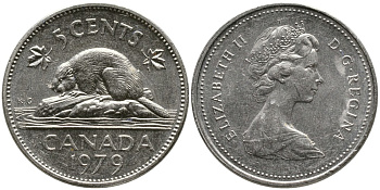 КАНАДА 5 ЦЕНТОВ 1979 ЕЛИЗАВЕТА II (1952-), БОБР, ВТОРОЙ ПОРТРЕТ В КОРОНЕ KM 60.2 никель 4543-652