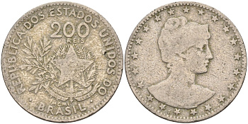 Бразилия 200 рейс 1901 голова свободы вправо KM 504 медно-никель 4589-1111
